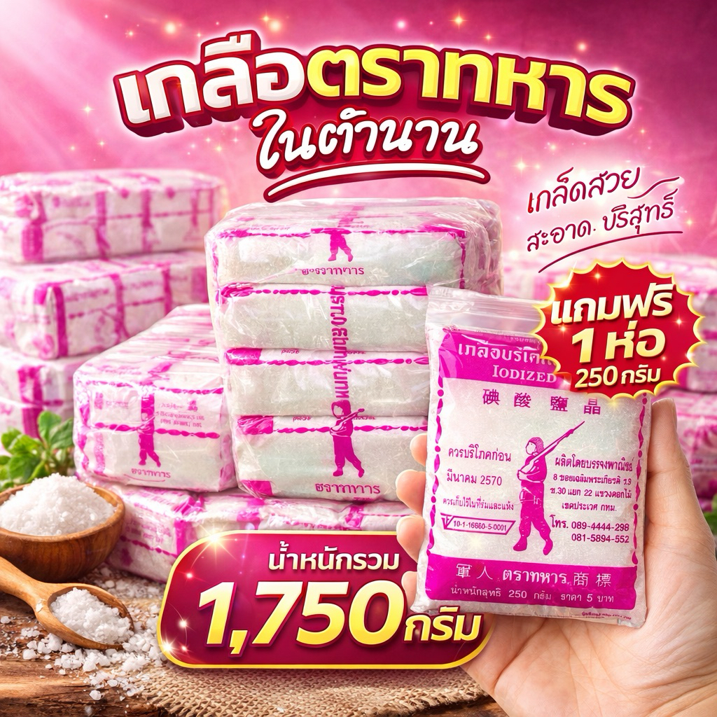 เกลือตราทหารในตำนาน (1 แพ๊ค 6 ห่อ) แถมฟรี1ห่อ น้ำหนักรวม(1,750g.)