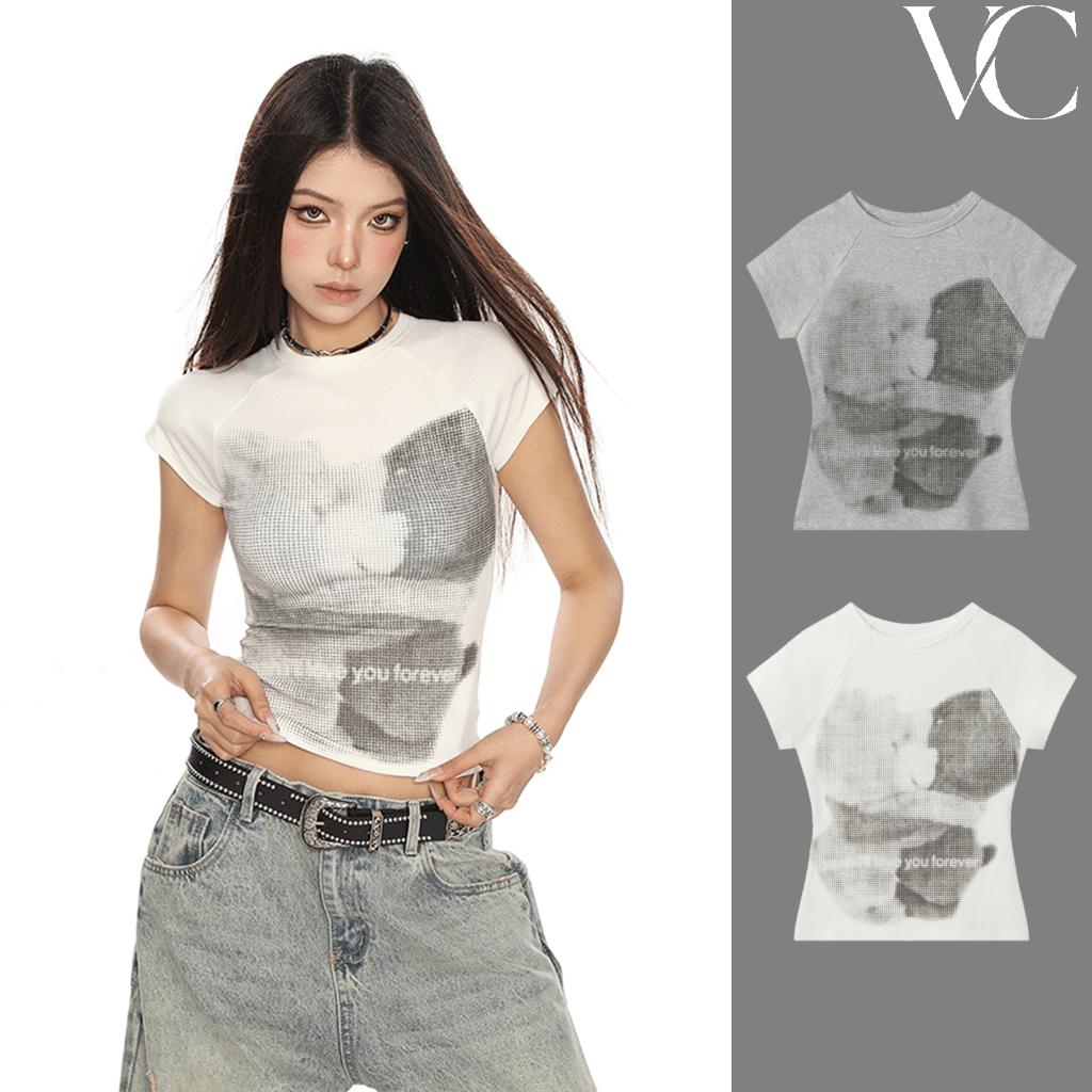 VCเสื้อครอปผู้หญิงสไตล์อเมริกันแขนสั้นลายหมีน่ารักและเซ็กซี่เบาๆทรงเข้ารูปใส่แล้วหุ่นเป๊ะ สายฝอY2Kเสื้อแฟชั #Y126