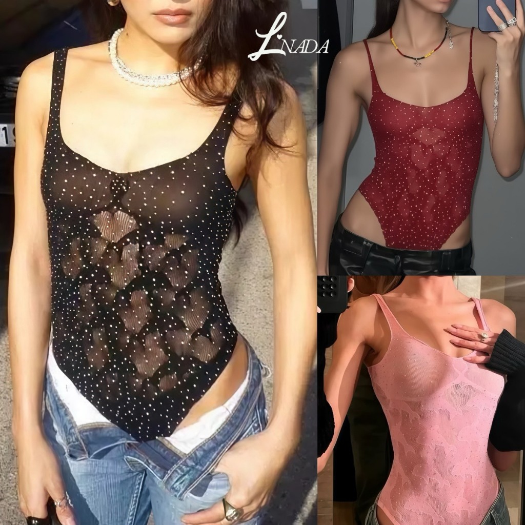 L'nada【พร้อมส่ง】บอดี้สูทสายเดี่ยวซีทรูแต่งกลิตเตอร์ สะท้อนแสงสวย ทรงเข้ารูปแมทซ์ง่าย มี3สี (TZ251)