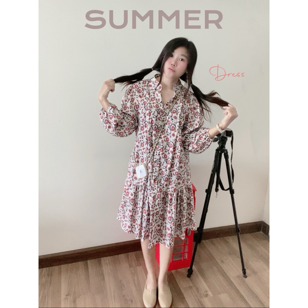 พร้อมส่ง 💖👗เดรสคอจีน ดีเทลแขนพองมินิ ด้านหน้า กระดุมเรียงเม็ดใส่สวย อก 40“