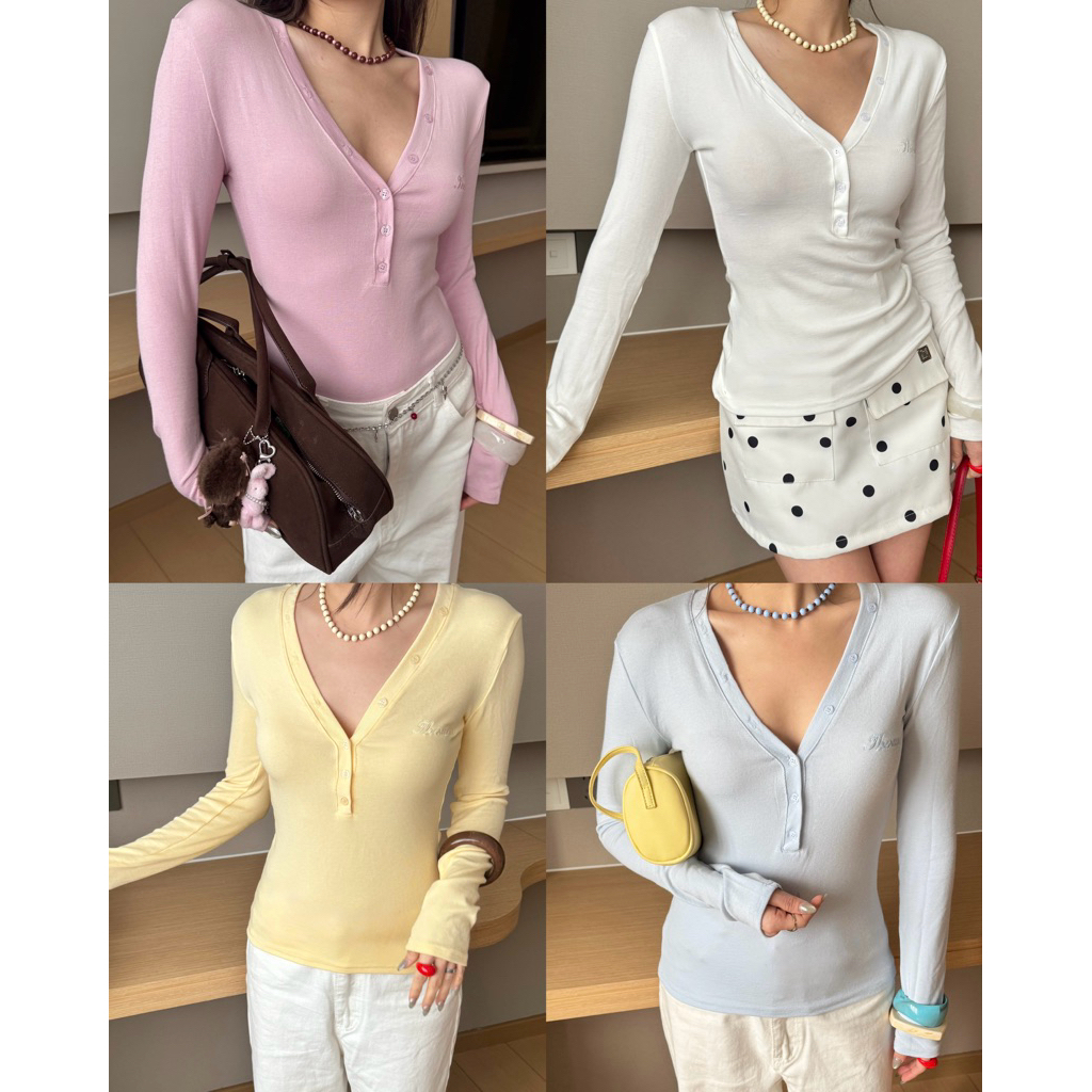 THESUNCO-MILIN TOP มิลิน (สินค้าTrendyลด30%) เสื้อแขนยาวคอวีดีเทลกระดุม ปักTHESUNCO