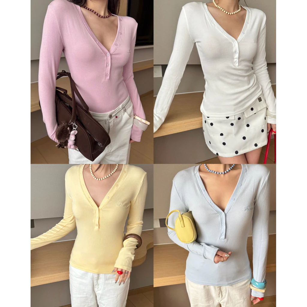 THESUNCO-MILIN TOP มิลิน (สินค้าTrendyลด30%) เสื้อแขนยาวคอวีดีเทลกระดุม ปักTHESUNCO