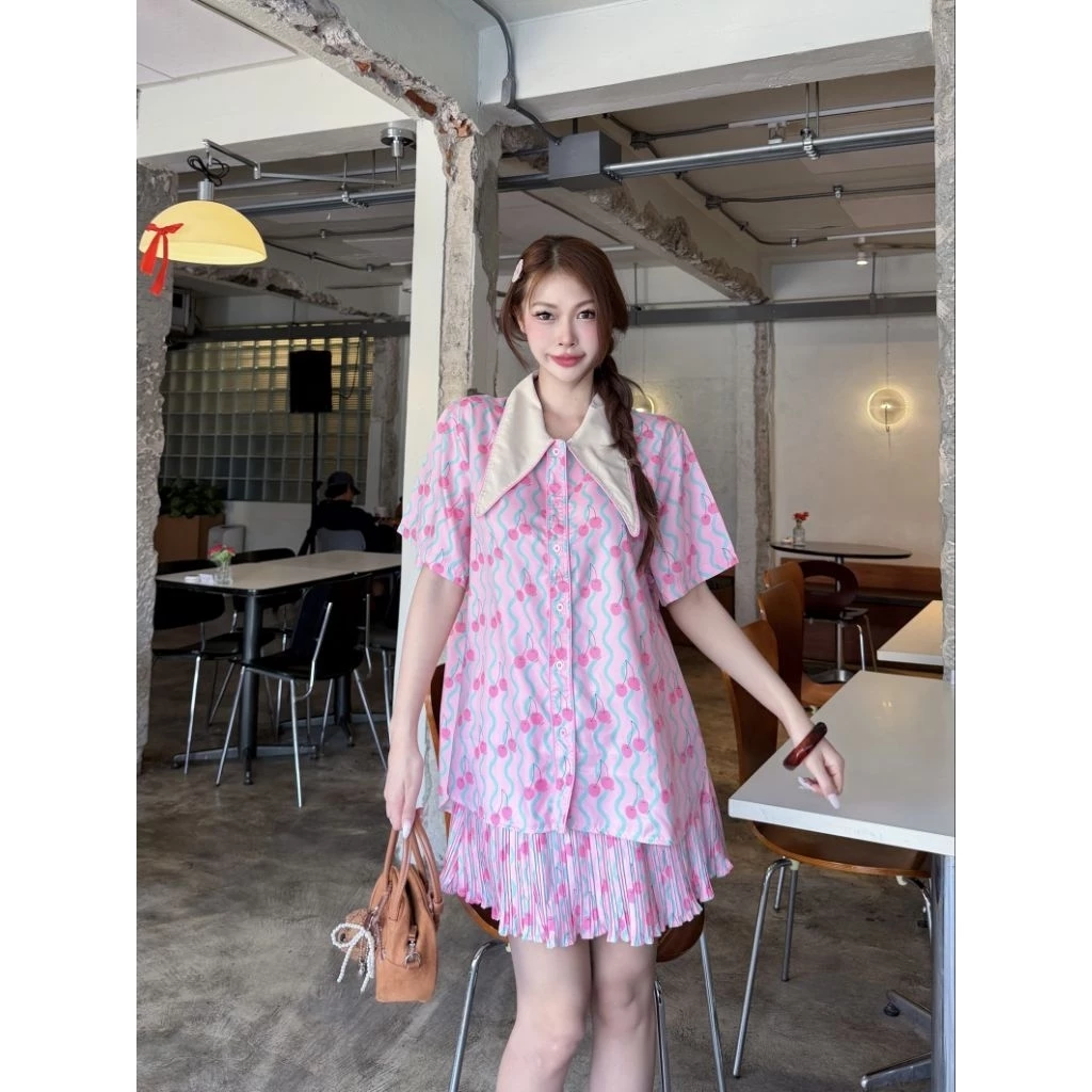 Longdopaws : Bubble set ชุดเซ็ตเสื้อเชิ้ต+กระโปรงอัดพลีทซับในเป็นกางเกงอัดพลีท