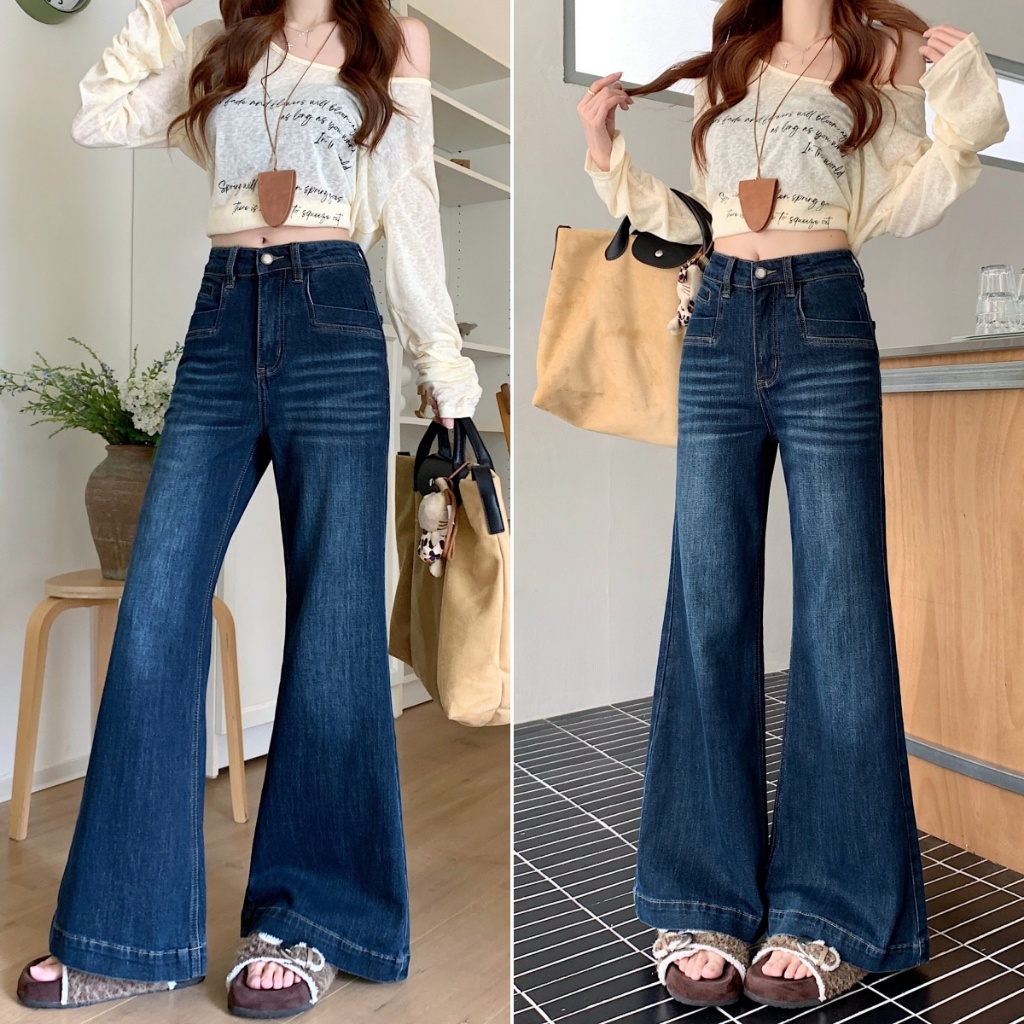 Bella shop กางเกงยีนส์ผู้หญิงสไตล์เกาหลีเอวสูง ปลายขากว้างเล็กน้อย S-2XL น้ำเงินเข้ม หลวมและสบาย แฟชั่นย้อนยุค