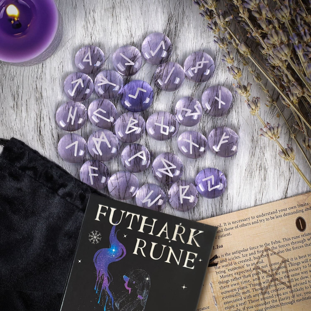 ชุดหินรูนส์ หินทำนาย Purple Glass Runestone Set สีม่วง สายมู อุปกรณ์ดูดวง เสริมสมาธิและทำนาย พร้อมส่ง