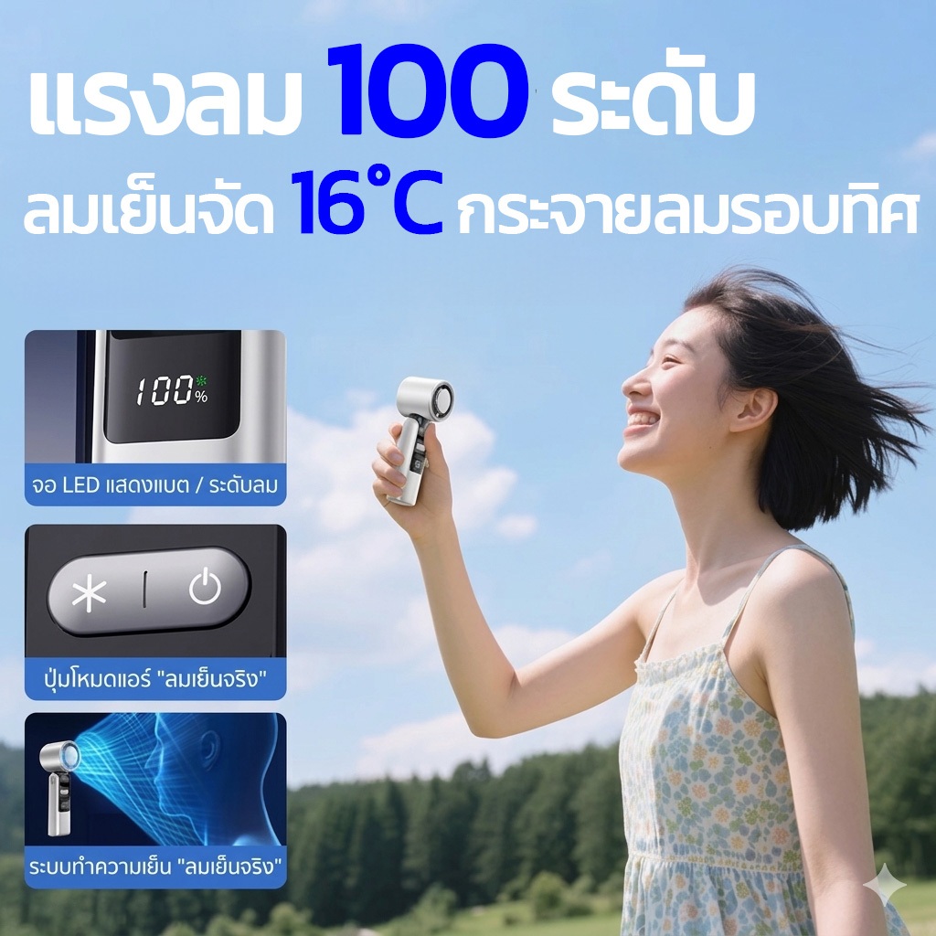 พัดลมพกพา 3-in-1 พัดลมมือถือ ประคบเย็น 16°C ระบบ TEC ปรับแรงลม 100 ระดับ หน้าจอดิจิทัล พัดลม usb ความเร็วสูง รูปที่ 6