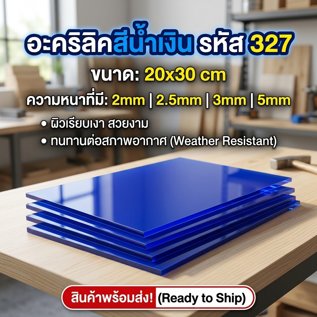 อะคริลิคน้ำเงิน/327 ขนาด 20X30cm มีความหนาให้เลือก 2 มิล,2.5 มิล,3 มิล,5 มิล