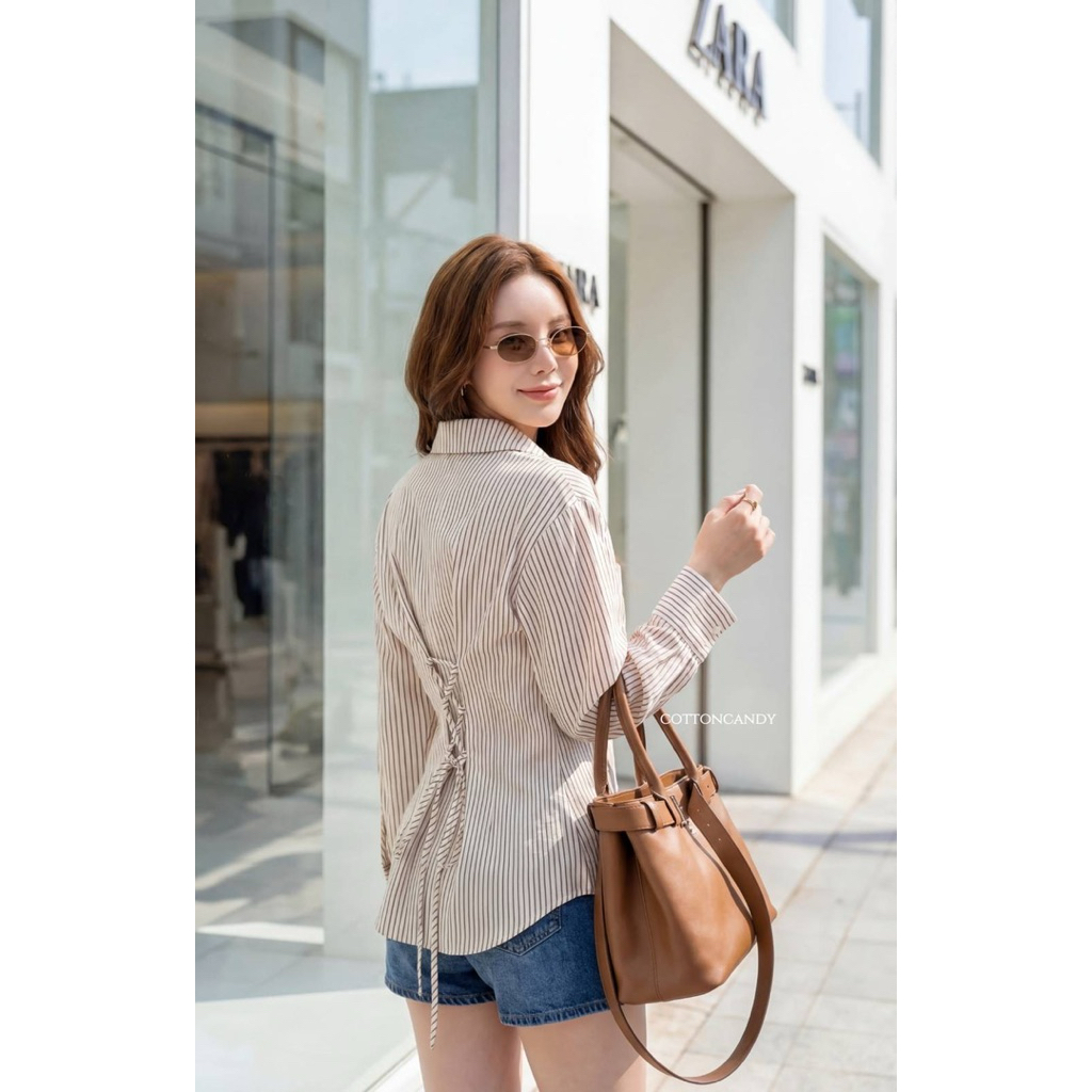 #Cotton Candy   เสื้อเชิ้ตริ้ว ฟ้า/น้ำตาล New Emily korea top ราคา ถูกที่สุด ดีลบีเคเค แกลเลอรีภาพที่ 5