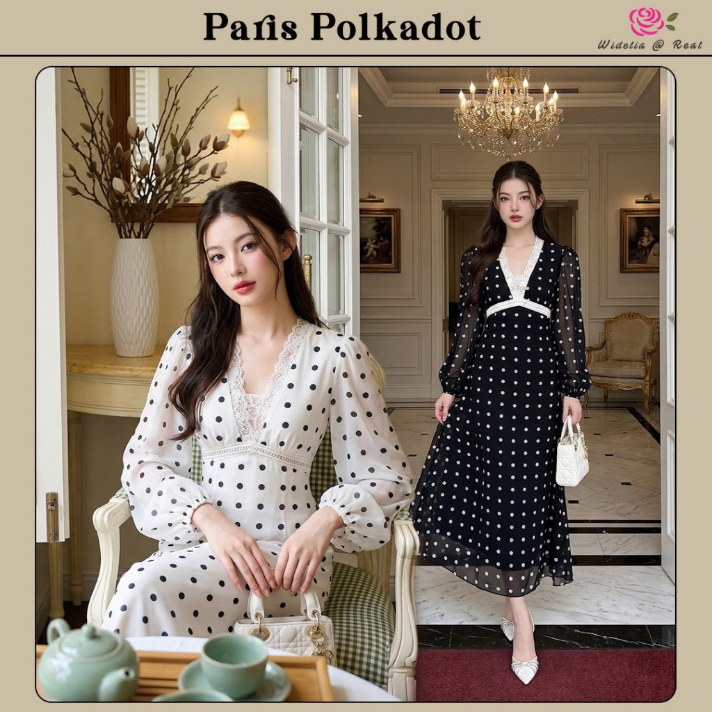 (งานป้ายแฟชั่น) Widelie มี 2 สี Paris Polkadot Dress เดรสยาวผ้าชีฟองพิมพ์ลายจุดแขนยาว ตัดต่อเทปลูกไม้ มีซับใน ซิปหลัง