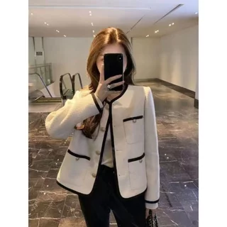 blazer ผู้หญิง เสื้อโค้ทผู้หญิง สีขาว ทวิต ชุดทํางาน ฝรั่งเศสย้อนยุค เสื้อแขนยาว เสื้อคลุม พร้อมส่ง