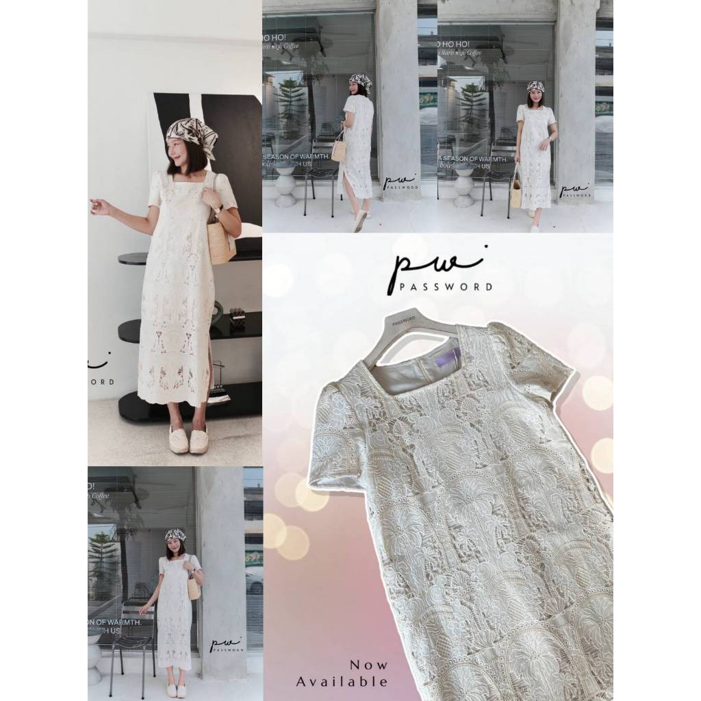 •PASSWORD• PW 6338 เดรสคอเหลี่ยม ผ้าคอตตอนซิลค์พรีเมียม ลายปักฉลุสวยเด่นยืน1