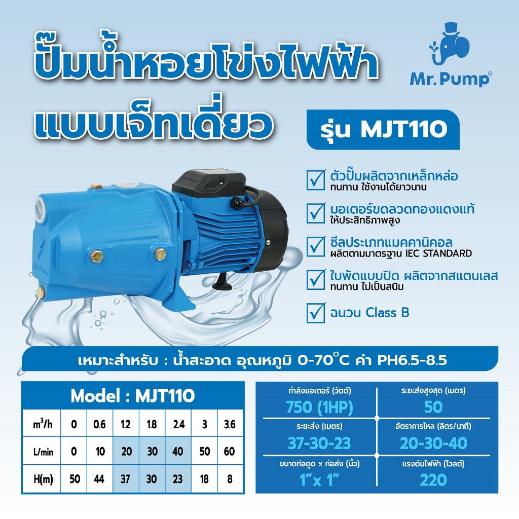 Mr.Pump ปั๊มเจ็ทเดี่ยว ปั๊มไฟฟ้า SELF PRIMING 1 นิ้ว 1 แรงม้า 220V รุ่น MJT110