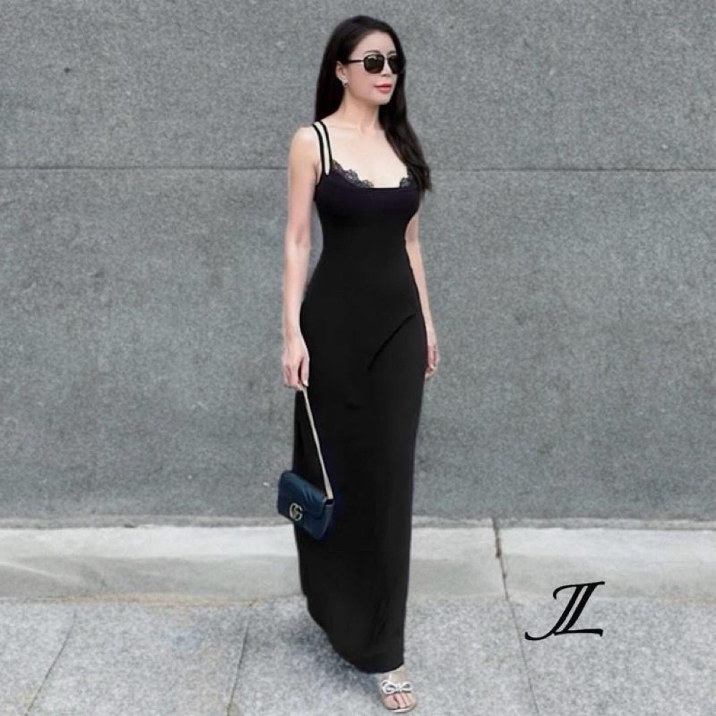 D24 dress ชุเเดรสสายเดี่ยว ยาว 57 นิ้ว ผ้า ity ยืดมาก แต่งลูกไม้ ดีไซน์คลาสสิก สำหรับทุกโอกาส