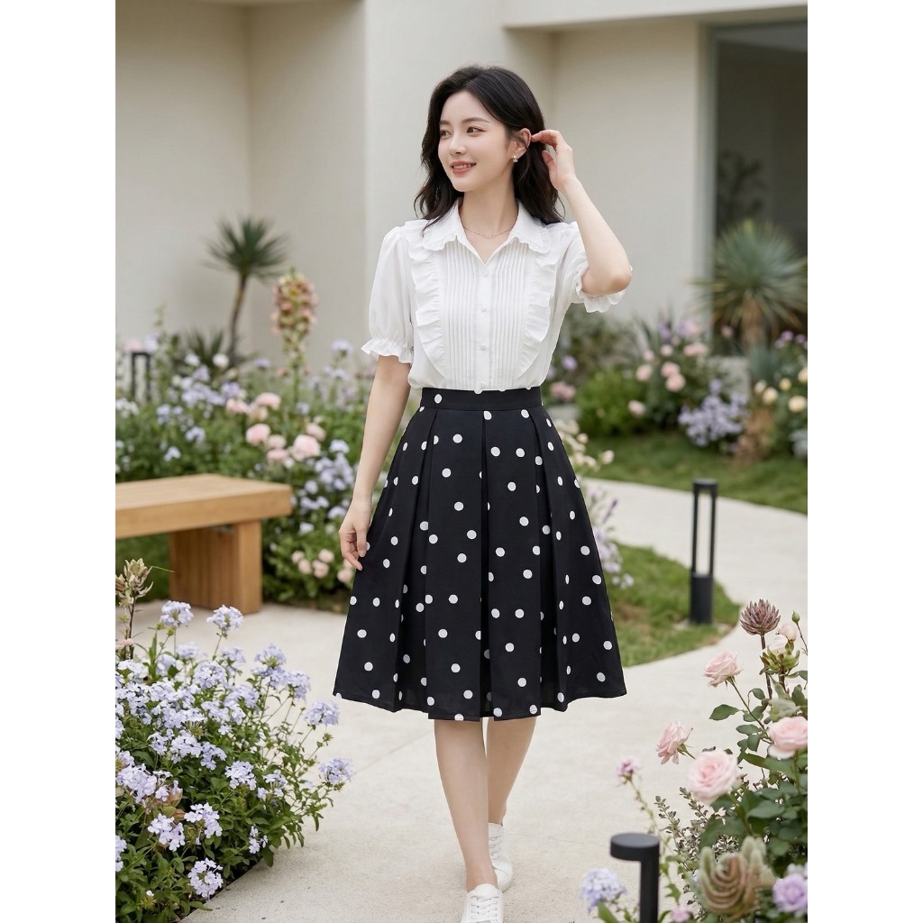 🇹🇭  กระโปรง(จุด)POLKA DOT จีบทวิตรอบตัวมีซิปข้าง 🔴ส่งไว🔴⚡ 👉เก็บโค้ดหน้ากิจกรรม โค้ดลด 30% สูงสุด 150.-
