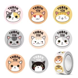 สติ๊กเกอร์ขอบคุณ ม้วน500ดวง สติ๊กเกอร์ลายแมว ติดกล่อง ติดแก้ว ตกแต่ง Sticker Thankyou