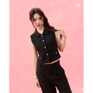 PETAL TOP (เฉพาะเสื้อ) เสื้อแขนกุดคอปกผ้าทวีตอัดกาวอยู่ทรง ดีเทลกระดุมสีดำตัดกับผ้า เพิ่มความคลาสสิกดูแพง