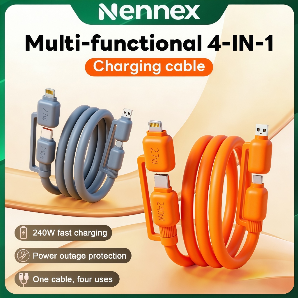 สายชาร์จเร็ว 4 in 1 1.5M 240W 27W รองรับ USB-A to Type-C/Li-gh-tn-ing สำหรับการใช้งานที่ต่อเนื่องยาว