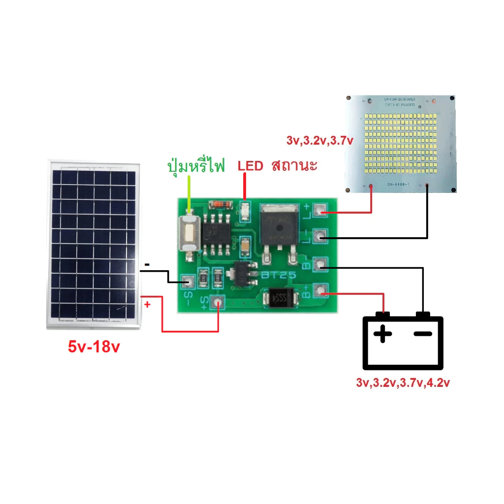 วงจรชาร์จแบตโซล่าเซลล์ เปิด-ปิด ไฟ LED อัตโนมัติ หรี่ไฟได้ 4ระดับ 3v 3.2v 3.7v 4.2v 6.4v 8.4v ควบคุมการชาร์จโซล่าเซลล์