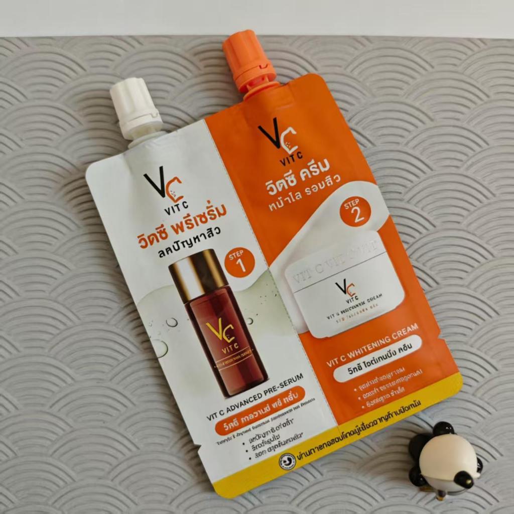 (1 ซอง+พร้อมส่ง ) Vit C Cream วิตซีน้องฉัตรซองคู่ ครีมวิตซีซองคู่ VC ครีม+พรีเซรั่มน้องฉัตร 2 in 1 V