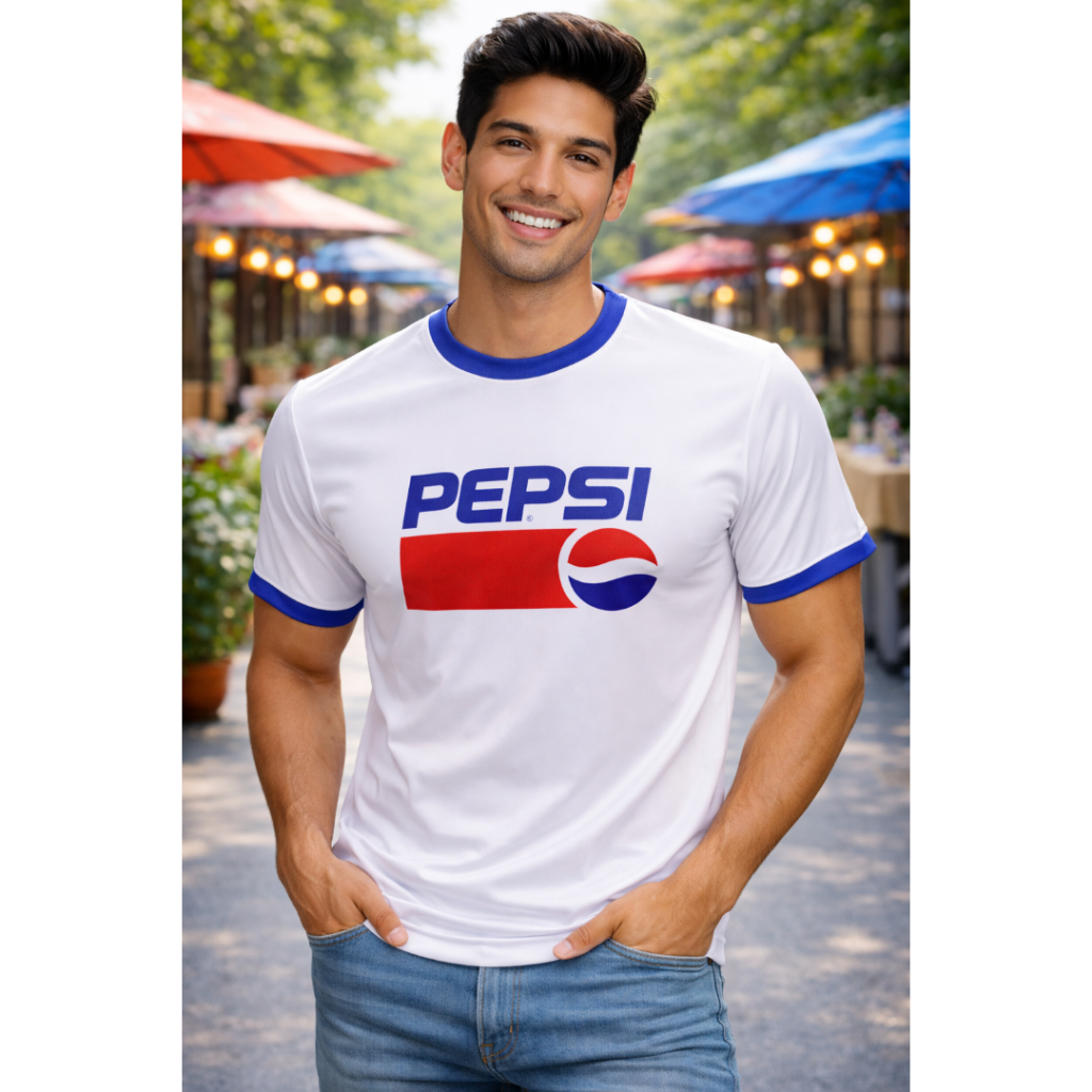 11.11 ลดโหดที่สุดแห่งปี A009 เสื้อยืดคอกลม ขาวคอน้ำเงิน สกรีนลายPEPSI(1) เนื้อิผ้ากีฬา สีสวยสด นุ่ม ลื่น เบา สบาย