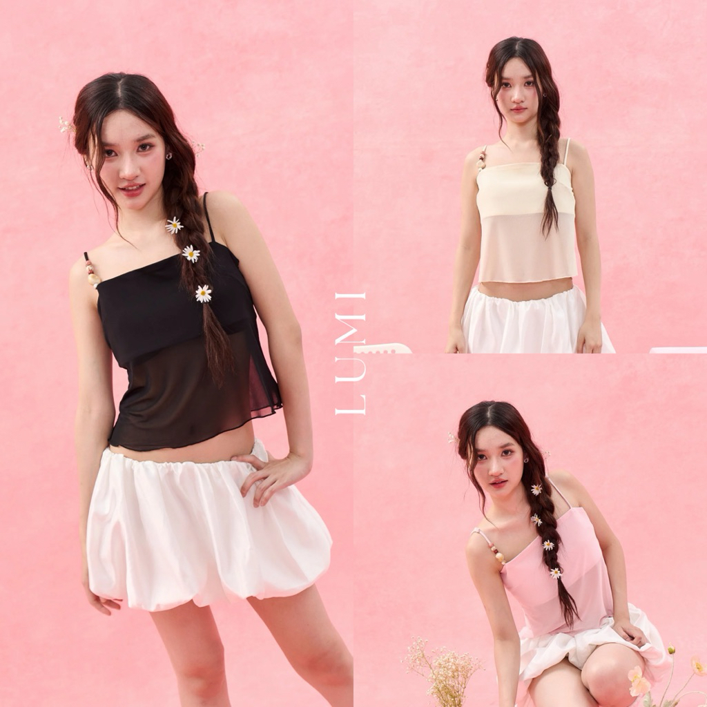 LUMI TOP (เฉพาะเสื้อ) สายเดี่ยวดีเทลลูกปัดและผ้าตาข่ายนิ่มที่ด้านหน้า ด้านในรองผ้าอัดกาว อยู่ทรงสวย สายปรับระดับได้