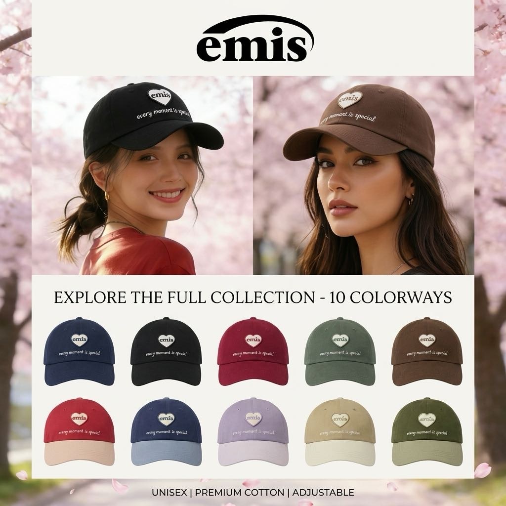 หมวกแก๊ป EMIS แท้ 100% รุ่น WAPPEN ปักหัวใจสุดคิวท์ ทรงหน้าเล็ก กันแดดดี Unisex ใส่คู่รัก ส่งฟรีการันตีของแท้