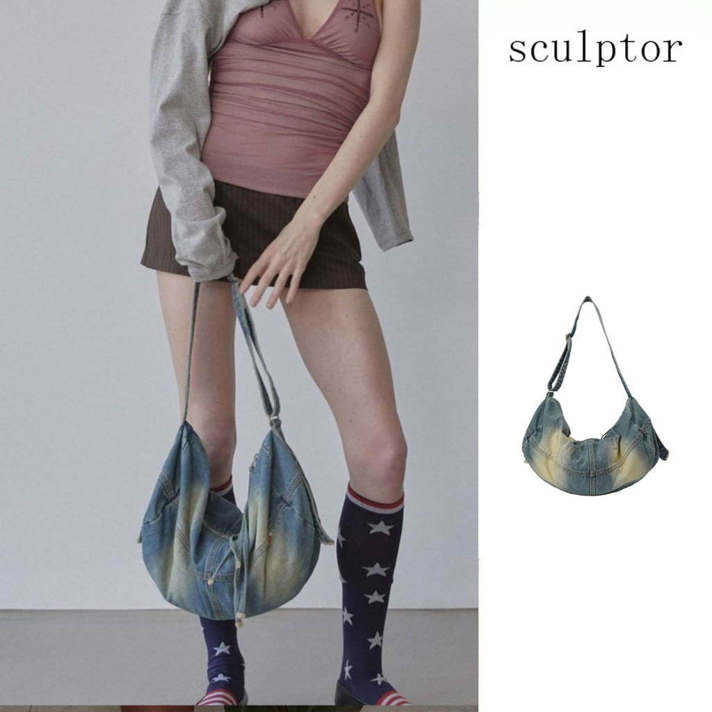 『 Bags🇰🇷 』sculptor กระเป๋าสะพายข้างทรงพระจันทร์เสี้ยว จุของเยอะ เดนิมวอช ของแท้เกาหลี