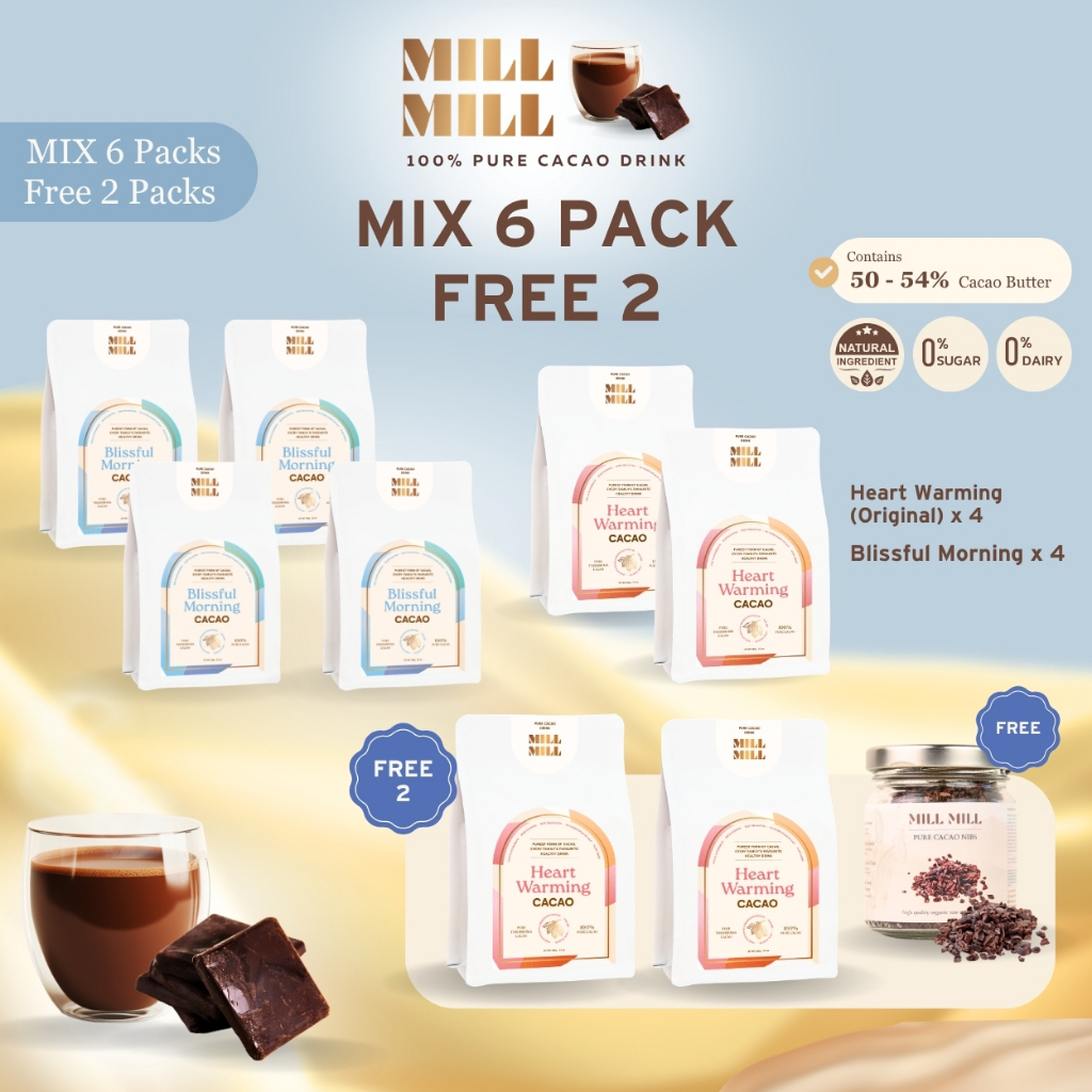 โปร 6 คละ Blissful (รสฟรุตตี้/เปรี้ยว) + Heart warming Mill Mill Pure Cacao คาเคาบริสุทธิ์ 100% โกโก