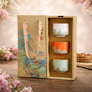 เซ็ตถ้วยชาเซรามิคเคลือบ ceramic ลายภูเขา 3 สี