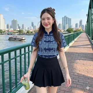 LANNA - เสื้อคอจีนผ้าลายไทย เสื้อผู้หญิงใส่ทำงาน ใส่ออกงาน ผ้าฝ้ายพิมพ์ลายทรงสวยใส่สบาย