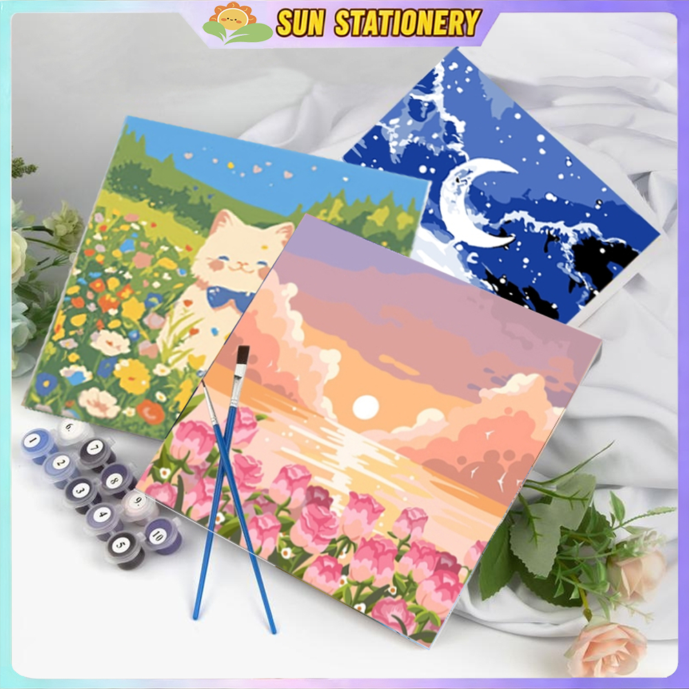 ระบายสีตามตัวเลข 20*20 ซม มีสี+พู่กัน ภาพวาดตกแต่งอะคริลิค วาดภาพสีน้ำมันดิจิตอล ของขวัญ DIY