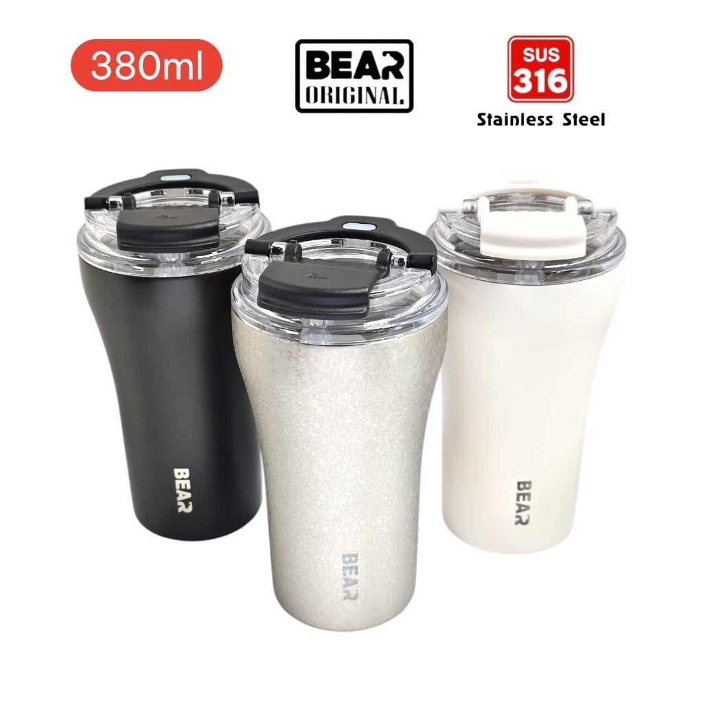 แก้ว BEAR 380ml สแตนเลส 316 แบบสูญญากาศผนัง 2 ชั้น เก็บอุณหภูมิ มีหลอดในตัว พกพาสะดวก