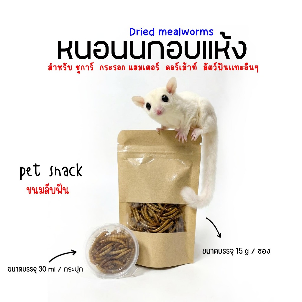 หนอนนกอบเเห้ง (แบ่งขายกะปุกทดลอง) อาหารเสริมโปรตีนสูง แฮมเตอร์ ชูการ์ กระรอก เม่น ดอร์เม้าท์ นก กิงก่า เเพรี่ด๊อก อื่นๆ