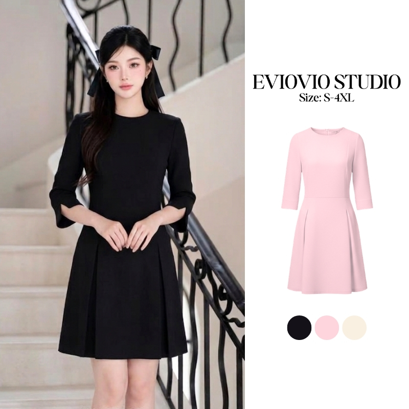 เติมสต๊อกแล้ว❗ EVIOVIO【S-4XL】เดรสสีดำทรงสุภาพ คัตติ้งพรีเมียม ดีไซน์แขนสามส่วนแต่ง V-Cut ปลายแขน ชุดใส่ทำงาน เดรสสาวอวบ✨