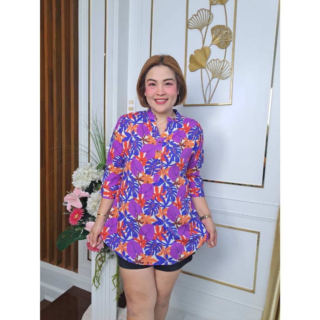 ##ส่งของทุกวัน##ช157///เสื้อคอจีนแขนศอกลายใบกลม ผ้าไหมสปัน ฟรีไซ38-46นิ้ว ยาว31นิ้ว หน้าผ้า46นิ้ว รา