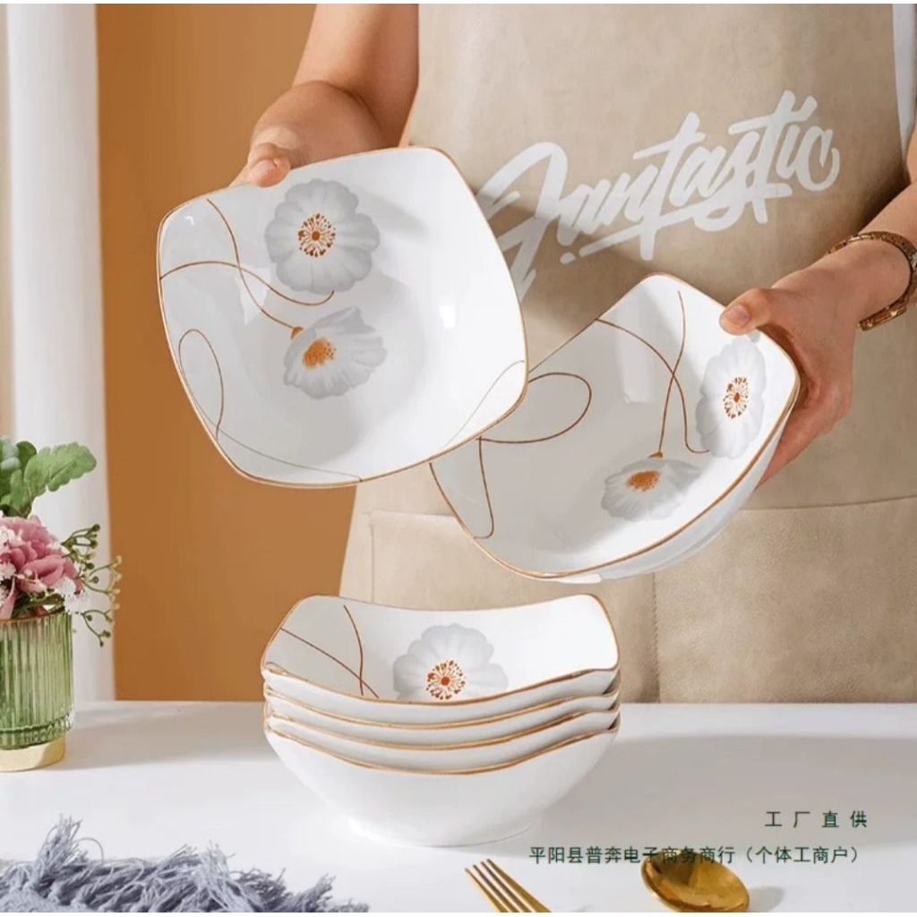 RTNS SHOP :ชามเซรามิคทรงสี่เหลี่ยมจัตุรัส ขนาด 8 นิ้ว มุมยกขึ้น ชามสลัดลายสวยเนื้อดี   (จำนวน 2 ใบ) พร้อมส่ง