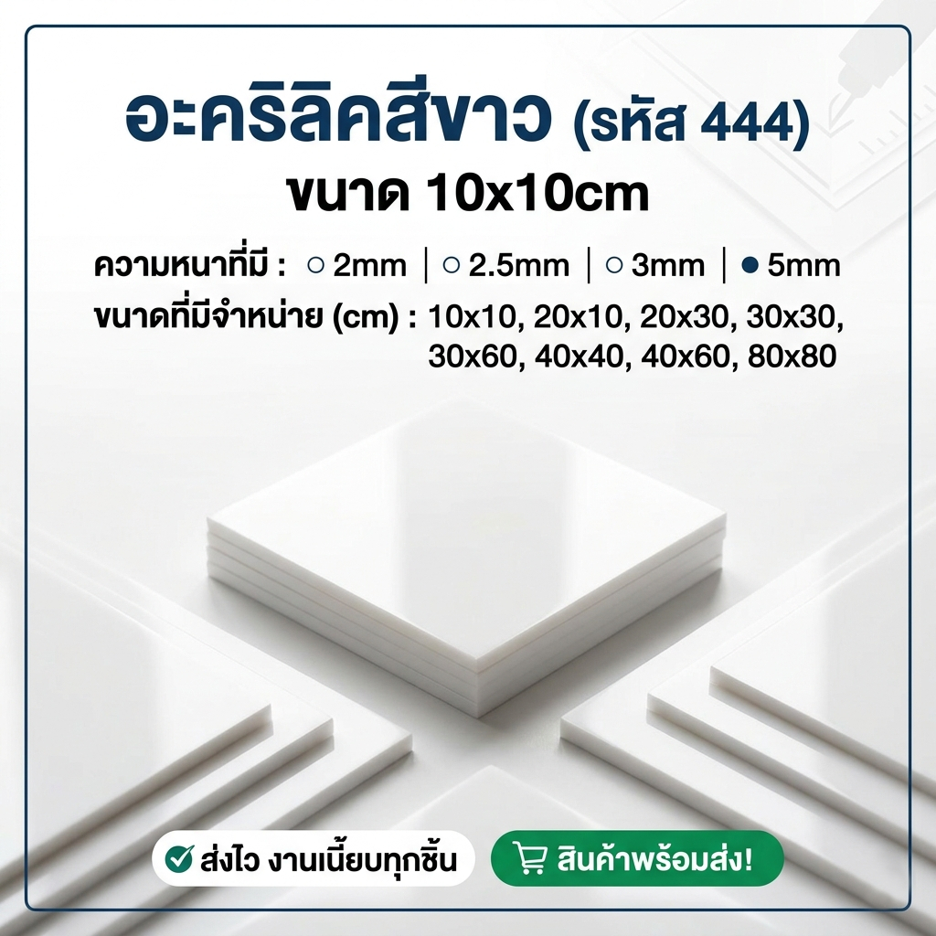 อะคริลิคขาว/444 ขนาด 10X10cm มีความหนาให้เลือก 2 มิล,2.5 มิล,3 มิล,5 มิล