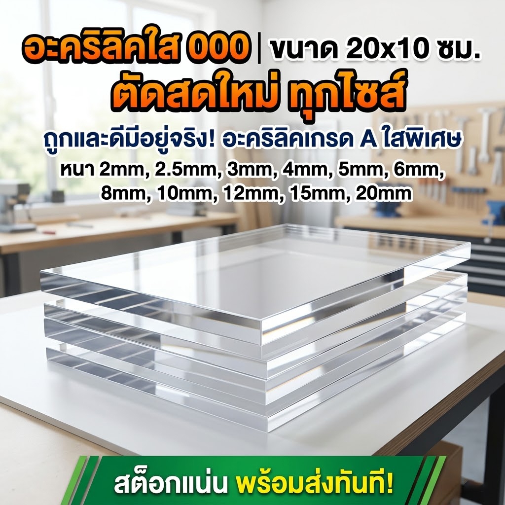 อะคริลิคใส/000 ขนาด 20X10cm หนา 2 มิล,2.5 มิล,3 มิล,4 มิล,5 มิล,6 มิล,8 มิล,10 มิล