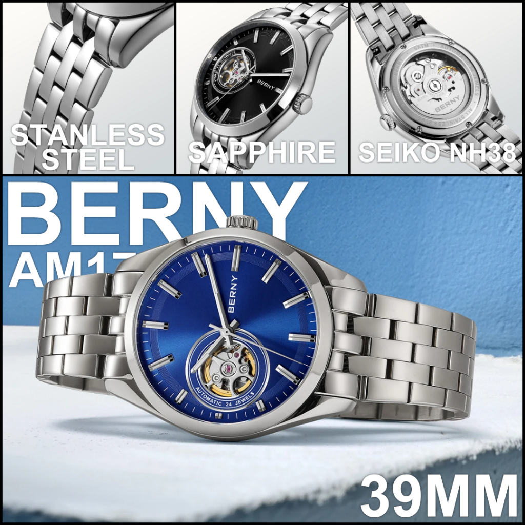 [Pre-order][ออโต้] BERNY AM179M Open Heart Watch 39MM Sapphire Seiko NH38 นาฬิกาผู้ชาย