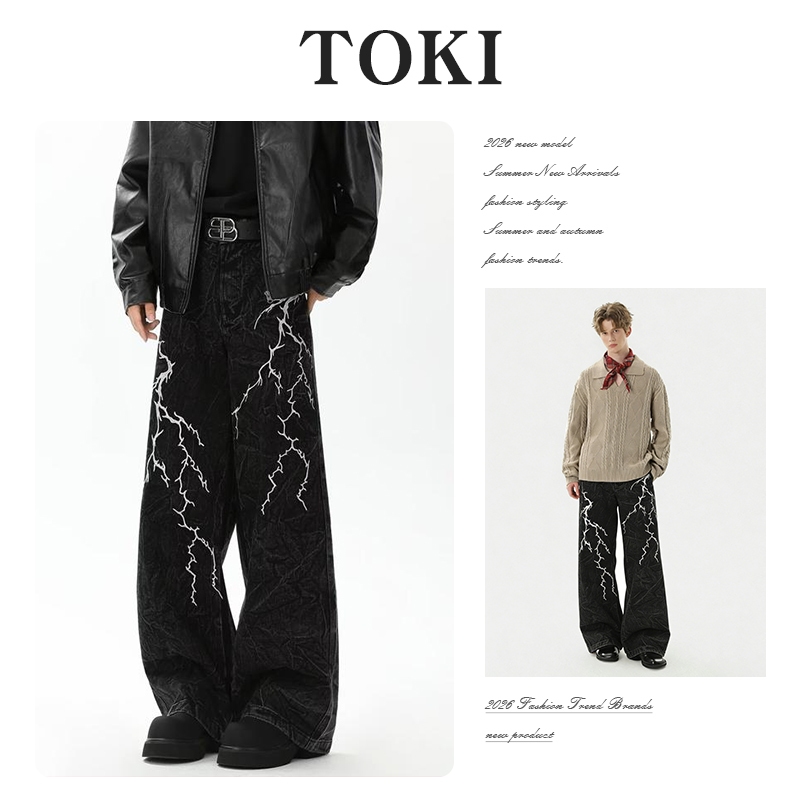 toki- กางเกงยีนส์ผู้ชาย แบบหลวม ดีไซน์เฉพาะกลุ่ม ปักสายฟ้า สำหรับทั้งชายและหญิง สไตล์ลำลองสตรีท ตัดเย็บแบบตรง แบบลากพื้น