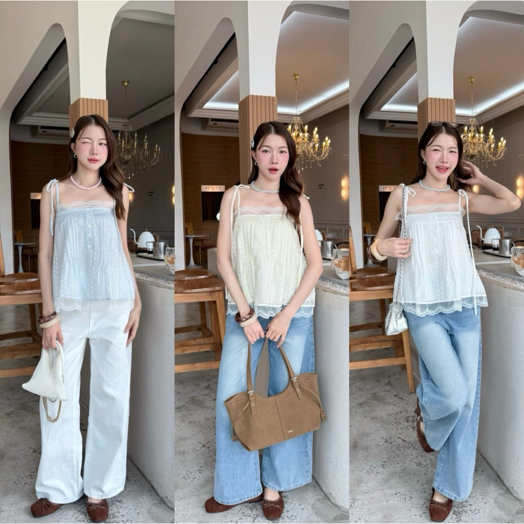 🩵 Maya Top เสื้อสายเดี่ยวผูกไหล่แต่งขอบลูกไม้ งานปักฉลุลายดอกไม้