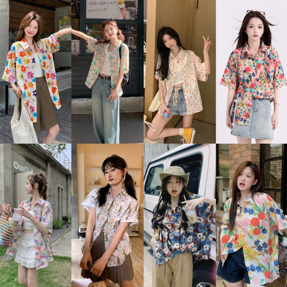 berylstore เสื้อลายดอก แขนสั้น ฤดูร้อน สงกรานต์