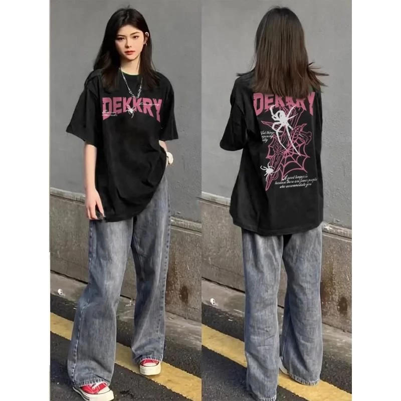 เกาหลี ผ้าฝ้าย100% เสื้อยืดแขนสั้น Oversize CMDXY5754 ผู้ชาย ผู้หญิง ลายทาง ตัวอักษร การ์ตูน หลวม ฤดูร้อน ฤดูใบไม้ผลิ