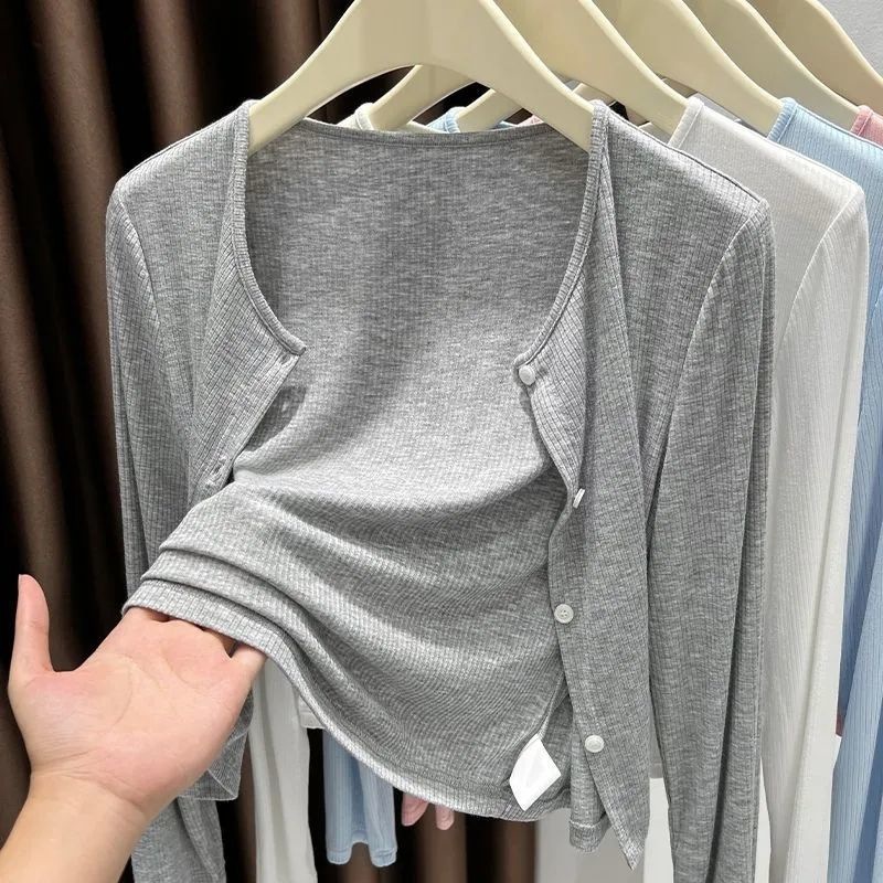 เสื้อคาร์ดิแกนสีเทาสําหรับผู้หญิง ผ้าคลุมไหล่บาง เสื้อสีทึบ มี 4 สีให้เลือก