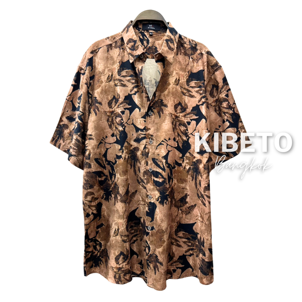 Kibeto เสื้อฮาวาย เสื้อสงกรานต์ ลายดอกศิลป์ สีน้ำตาล ผ้าสปันเรยอน ผ้านิ่ม ใส่สบาย M L XL 2XL 3XL