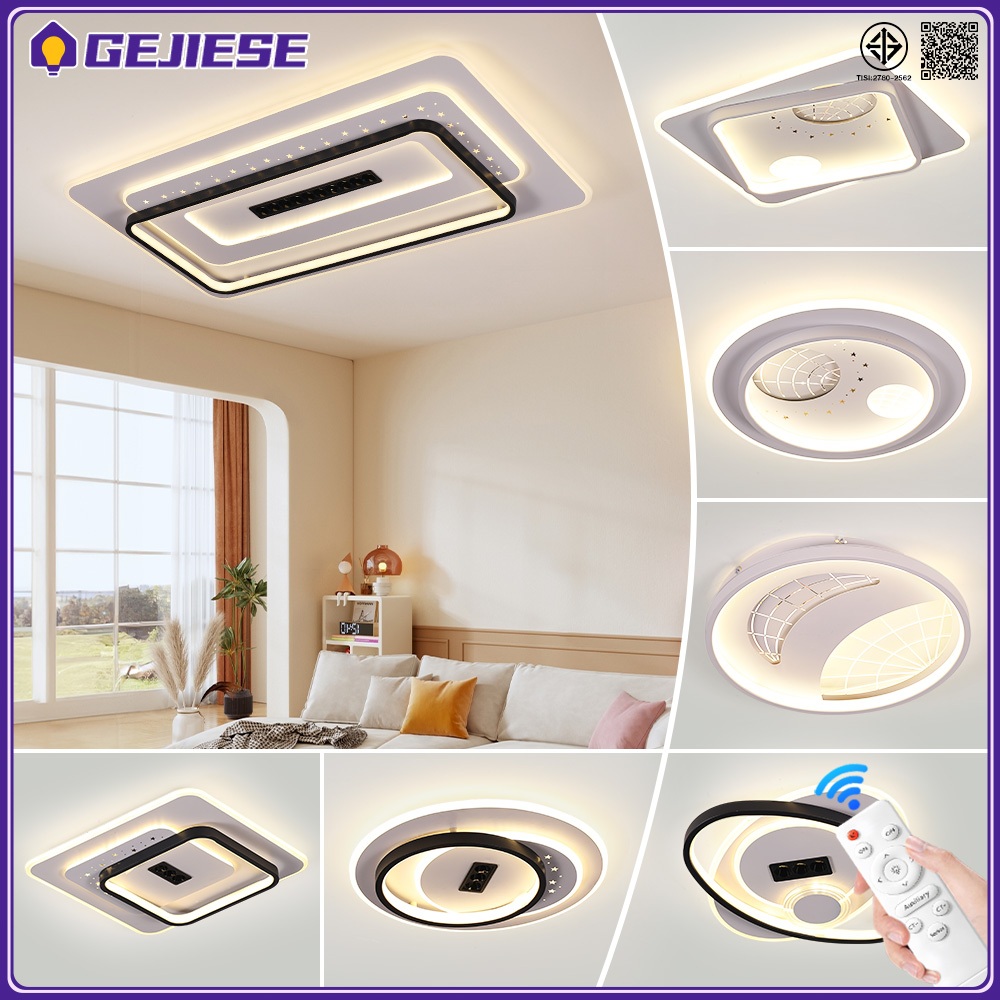 GEJIESE โคมไฟเพดาน LED 3 สี สามารถปรับความสว่างได้ ห้องนอนห้องนั่งเล่น ไฟติดเพดาน พร้อมรีโมทควบคุม