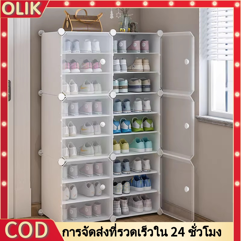 OLIK ตู้รองเท้าแบบความจุสองเท่า ชั้นวางรองเท้าทนทาน กล่องเก็บฝุ่นโปร่งใส สะสมซ้อนกันได้ 2แถว4/6/810ชั้น โปร่งใส แข็งแรง