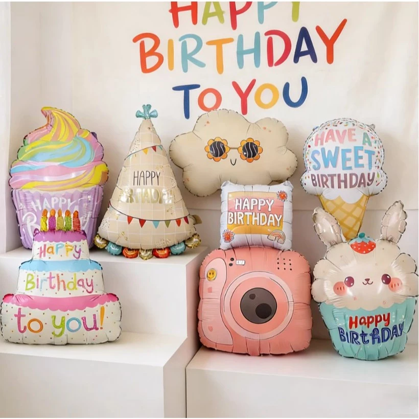 [มีส่งด่วน] ลูกโป่งวันเกิด Happy Birthday เค้กไอศกรีมน่ารัก ลูกโป่งฟอยล์ กล้องถ่ายรูป ก้อนเมฆ
