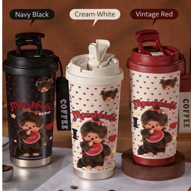 แก้วน้ำสแตนเลสMonchhichi 530ml. กระบอกน้ำเก็บอุณหภูมิพร้อมสายคล้อง กระติกน้ำหลอดเด้ง ลายมอนชิชิ กระติกน้ำสแตนเลสแก้วกาแฟ