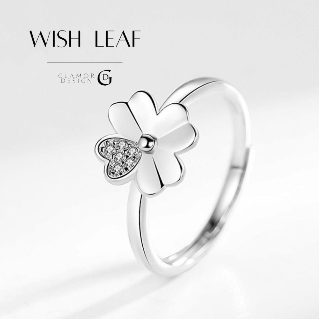 GLAMOR✨แหวนเงินแท้ Wish Leaf แหวนรูปใบโคลเวอร์สี่แฉกนำโชค แหวนเพชร แหวนแฟชั่น แหวนปรับขนาดได้